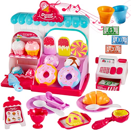 LINFUN KIDS Heladería Comida Juguete, Caja Registradora Juguete, Juego de Imitacion Set Helados Alimentos Regalo para Niño Niña 3 4 5 Años, con Luz y Musica