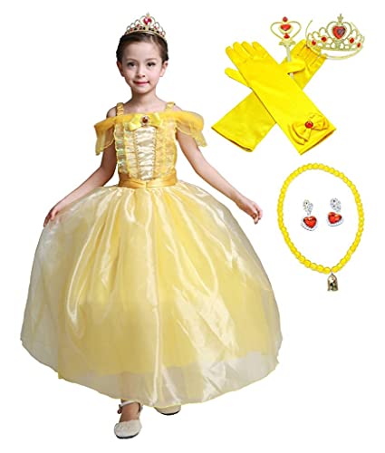 Lito Angels Disfraz de Bella y la Bestia Vestido de Princesas Belle con Accesorios para Niña Talla 6-7 Años, Amarillo