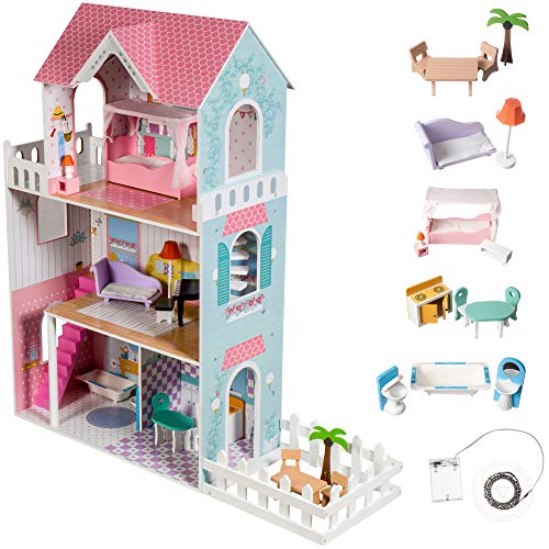 mamabrum Casa de Muñecas de Madera con Accesorios Incluidos y 3 Pisos, Gran Casa de Muñecas con Muebles, Terraza y Jardín, Altura de la Casa: 123 cm, Iluminación LED, Casa Muñecas