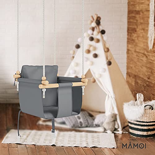MAMOI Columpio Bebe con ASA DE Seguridad, Columpios Infantiles Exterior y Interior, Columpio Madera Ideal como Columpio de Jardin y para habitación Infantil (Teddybär Grau)