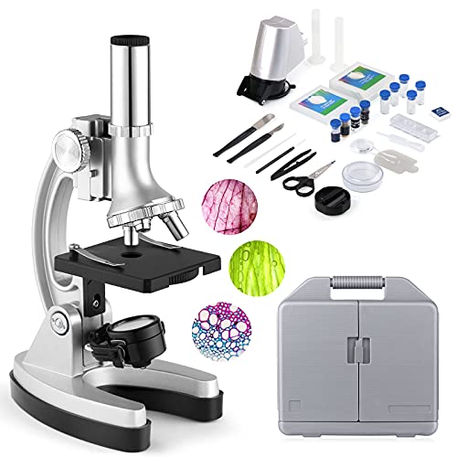Microscopio para Niños Microscopios para Niños/Principiantes con 70 + Accesorios 3 Objetivos 300X-600X-1200X, Estuche de Almacenamiento(Iluminación LED y Cuchillas, Maleta y Preparación Incluidos)