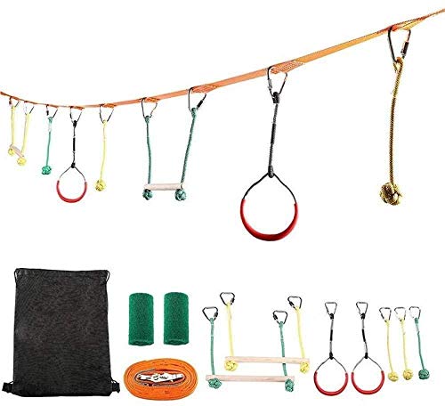 Ninja Slackline Monkey Bar Kit Kids Swinging Obstacle Course Set Set de Marco de Escalada portátil Slackline Kit Sling Ring 40 pies Cuerda para Tirar Equipo de Juego al Aire Libre para niños