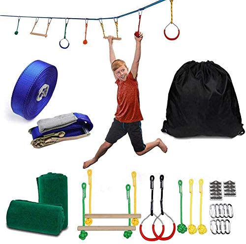 Ninja Warrior Line Obstacle Course Kit Slackline Ninja Line Monkey Bars Kit Árbol Colgando Obstáculos Line Sling Ring para niños Patio al Aire Libre-9 Piezas