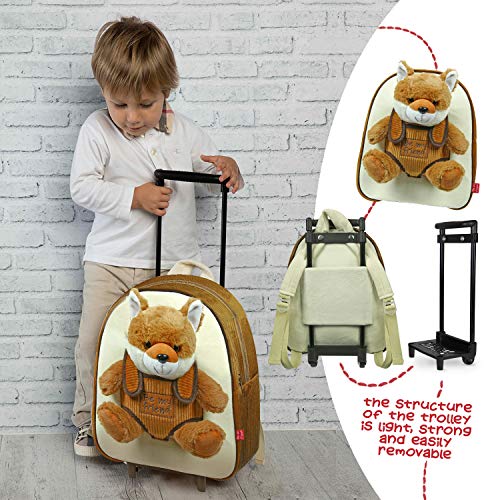 PERLETTI Mochila Trolley Infantil con Animal de Peluche - Bolsa con Ruedas y Muñeco para Niños Niñas 3 4 5 Años - Pequeño Bolso Escolar para Escuela Guardería Viaje - 29x33x11 cm (Zorro)