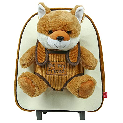 PERLETTI Mochila Trolley Infantil con Animal de Peluche - Bolsa con Ruedas y Muñeco para Niños Niñas 3 4 5 Años - Pequeño Bolso Escolar para Escuela Guardería Viaje - 29x33x11 cm (Zorro)