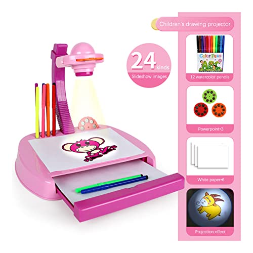 Proyector de pintura para niños, niños dibujo proyector mesa, traza y dibuja proyector juguete con luz, aprendizaje de proyección máquina de pintura para niño niña (rosa)