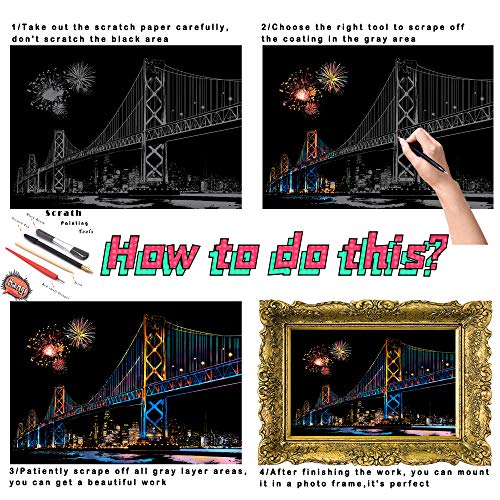 Rascador de papel para arañazos y pintura de rascado de la ciudad famosa del mundo DIY vista nocturna para adultos y niños con 4 herramientas, tamaño de 11.2 x 16 pulgadas (Seattle + Bay Bridge)