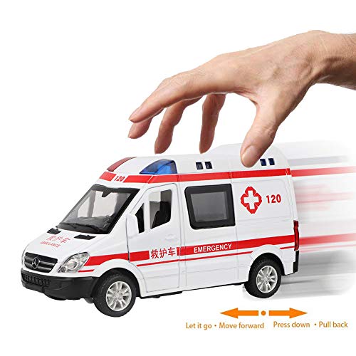 RBSD Coche de Juguete de Ambulancia, vehículo de Emergencia emulado de aleación 1:36, Modelo de fundición de Ambulancia de Rescate de Hospital con luz LED de Sonido extraíble para Juguetes de niños