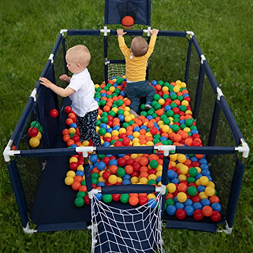Selonis Parque De Juegos Con Canasta, Meta Y 100 Bolas Para Niños, Azul Marino:Amarillo/Verde/Azul/Rojo/Naranja