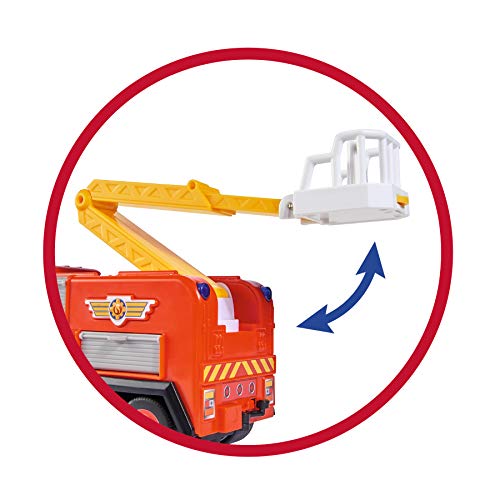 Simba Sam Jupiter 2.0 109251036 - Coche de Bomberos con Figura de Sam y Elvis, con luz y Sonido, con Escalera Extensible y luz de búsqueda, 28 cm, para niños a Partir de 3 años