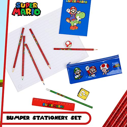 Super Mario Set Papeleria para Niños, Incluye Estuche Escolar de Mario Bros Cuaderno A6 y A5 Goma de Borrar Lapices de Colores Regla, Regalos Para Niños Adolescentes