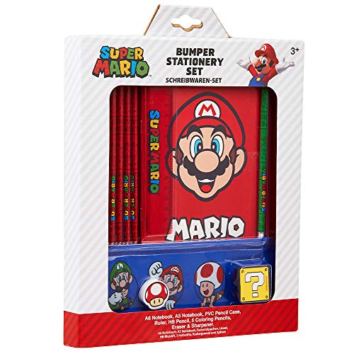 Super Mario Set Papeleria para Niños, Incluye Estuche Escolar de Mario Bros Cuaderno A6 y A5 Goma de Borrar Lapices de Colores Regla, Regalos Para Niños Adolescentes