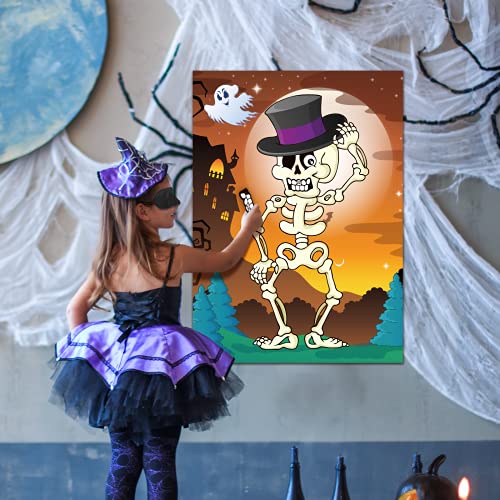TAROME Pin The Teeth on The Skeleton Skull Halloween Party Actividades Pin Game Póster de Esqueleto Grande con 24pcs Pegatinas de Dientes para Niños y Niñas