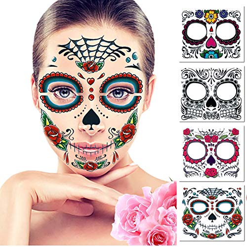 Tatuaje temporal de la cara Diseño de rosa, 4 piezas Regalos de Navidad Etiquetas engomadas del tatuaje de Halloween, Día de los muertos Maquillaje para la fiesta de disfraces de Navidad