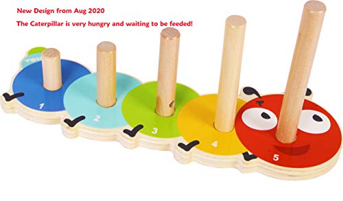 TOWO Anillos apilables Bebé: juego de conteo Caterpillar encantador Rompecabezas de clasificación de colores-Apilador de 5 clavijas-Aprendizaje temprano Juguetes de madera para 1 año Regalo Niño Niña
