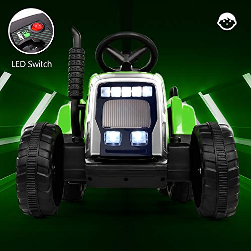 Tractor eléctrico de juguete, 12 V, 7 Ah, 2 + 1 velocidades, remolque, 7 luces ledes, botón de advertencia/reproductor MP3/Bluetooth/puerto USB, mando a distancia, para niños de 3 a 6 años (verde)