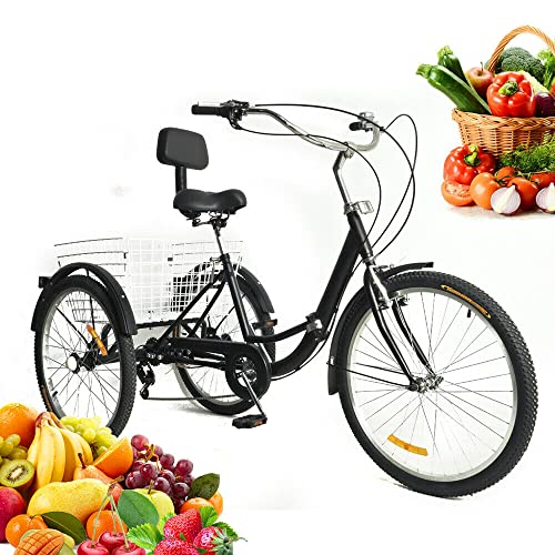 Triciclo de 24 pulgadas para adultos, 7 velocidades, triciclo con cesta, 3 ruedas, para personas mayores, deportes al aire libre, compras