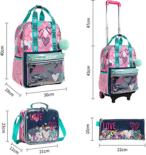 Wenlia Mochila con ruedas, estuche para lápices, bolso de hombro 3 en 1, mochila para estudiantes, letras de lentejuelas, mochila con ruedas, estuche para equipaje para niñas