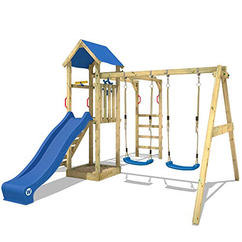 WICKEY Parque infantil de madera Smart Bridge con columpio y tobogán azul, Área de juegos da exterior, Escalera Sueco con arenero y pared de escalada para niños