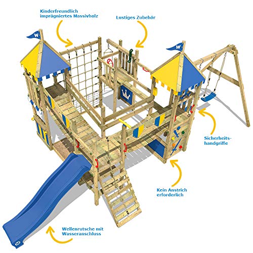 WICKEY Parque infantil de madera Smart Queen con columpio y tobogán azul, Torre de escalada da exterior con arenero y escalera para niños