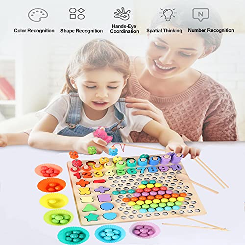 XINNIAN Montessori Juguete Educativo,13 EN 1 Juguetes de Madera Pesca Puzzle Juego de Mesa Cuentas de Clip Juegos Educativos Regalos para Niños 3 4 5 6 Años,Juegos Montessori Matematicas Puzzle