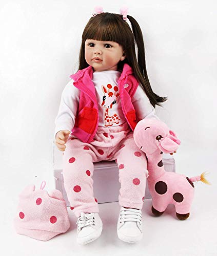 ZIYIUI Realista Muñecas Reborn bebé 24 Pulgadas 60 cm Vinilo de Silicona Suave Pelo Largo Bebe Reborn niña Reales Silicona Recién Nacido (Pelo castaño)