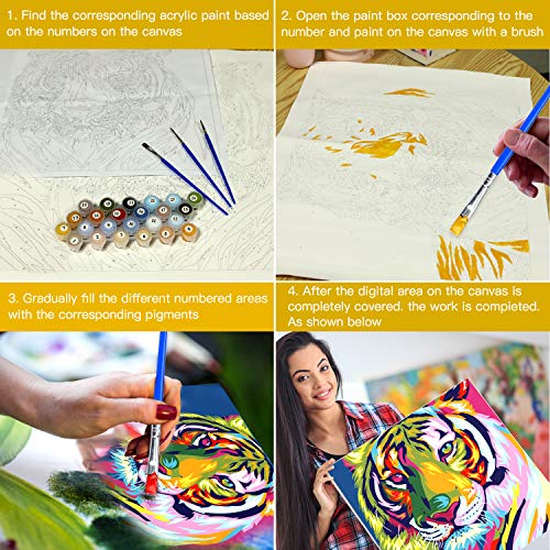 2 Set Pintar por Numeros para Adultos Niños Pintura por Números con Pinceles y Pinturas Decoraciones,Kit de pintura al óleo para adultos,Tigre colorido y Árbol colorido (16*20 Pulgadas, Sin Marco)