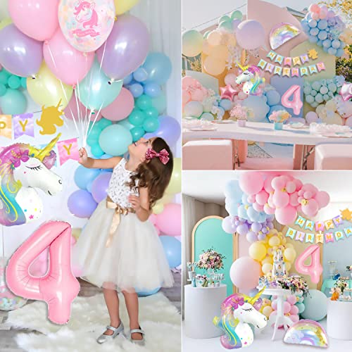 4 años Unicorn Decoracion Cumpleaños Niña, Fiestas Infantiles Decoracion, Globos Unicornio Cumpleaños, Número 4 Foil Globo, Foil Rainbow y Globos de Látex para Niños Fiesta Unicornio