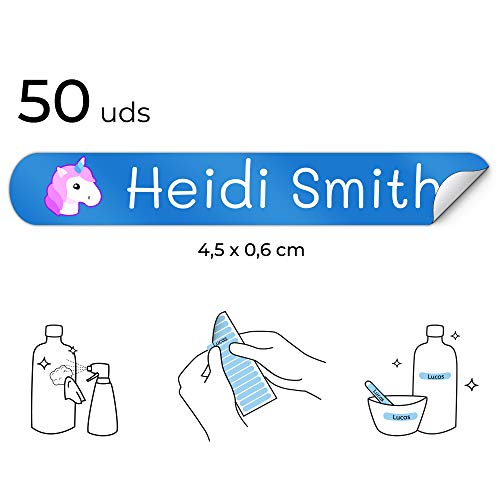 50 Etiquetas Adhesivas Personalizadas para lápices, bolis y rotuladores. Pegatinas escolares con nombre para marcar objetos. Adhesivos resistentes al agua para colegio y guardería Medida 4,6 x 0,6 cm