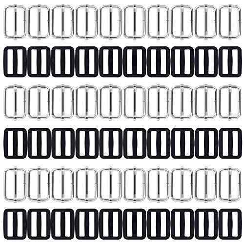 AFUNTA - 60 piezas de 1 pulgada Tri-Glides Slide, metal y plástico rectangular ajustable correas correas deslizantes correa mochila cinturón maleta accesorios DIY - negro y plateado