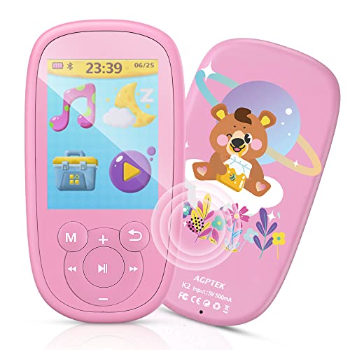 AGPTEK Reproductor Mp3 Bluetooth para Niños, K2 MP3 Niños con HD Pantalla de 2.4 Pulgada, Altavoz Interna, Ruido Blanco y Radio FM, Rosa
