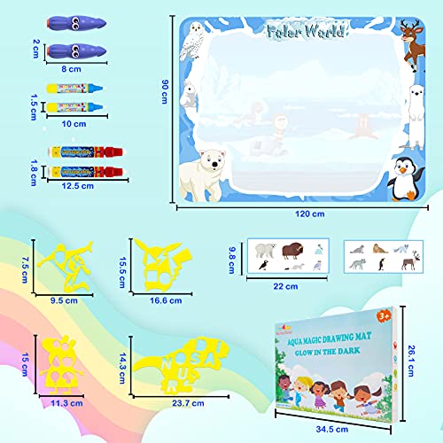 Agua Dibujo Pintura, 90x120 cm Barley Direct Agua Dibujo Doodle Niños Pizarra Mágica Agua Brillan en la Oscuridad Esteras de Agua Pintura Juguetes Educativo para Niños Niñas Regalos de Cumpleaños