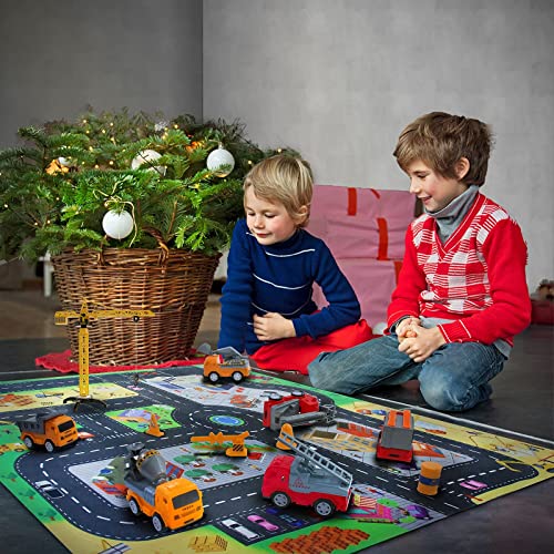 Akokie Coches de Juguetes Tractor Juguete Juegos de Construcción con Tapete de Juego Regalos para Niños 3 4 5 6 Años 6 Coches incluidos Tractores Excavadora Camion Grua de Juguete