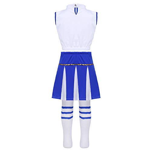 Alvivi Disfraz de Animadora para Niña 3Pcs Traje de Porrista Danza Chica Crop Top Sin Mangas+Falda Corta Plisada+Calcetínes Largos Disfraz de Fiesta Actuaciones Blanco&Azul 12-14 años
