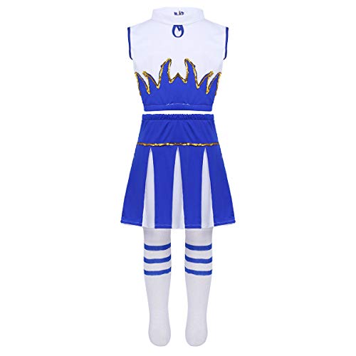 Alvivi Disfraz de Animadora para Niña 3Pcs Traje de Porrista Danza Chica Crop Top Sin Mangas+Falda Corta Plisada+Calcetínes Largos Disfraz de Fiesta Actuaciones Blanco&Azul 12-14 años