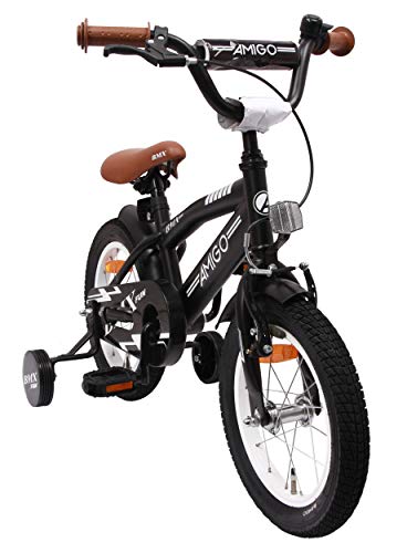 Amigo BMX Fun - Bicicleta Infantil de 14 Pulgadas - para niños de 3 a 4 años - con V-Brake, Freno de Retroceso, Timbre y ruedines - Negro Mate