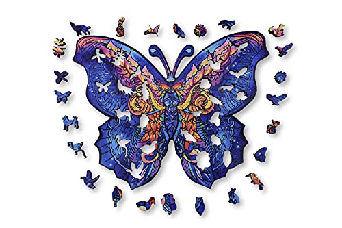 ANIWOOD Puzzle de Madera con Forma de Animal. Tapa troquelada a tamaño Real del Puzzle. Contiene Piezas únicas de Animales (Large, Mariposa)
