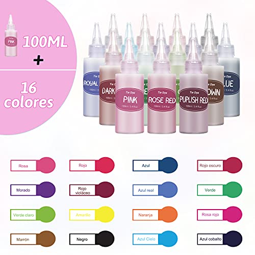 Anpro Tinte Ropa Tie Dye- 148 Kits de Teñido Anudado de Bricolaje, 100 ml/Botella, 16 Tipos de Teñido Anudado Textil Brillante, Kits de Arte Tie-Dye Adecuados para Niños y Adultos