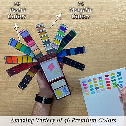 Apolo Arte Acuarelas Profesionales - Juego de Pinturas de Acuarela Premium | 56 Colores (Incluye Acuarelas Metalizadas) + Pincel Acuarela | Paleta Acuarela para Artistas