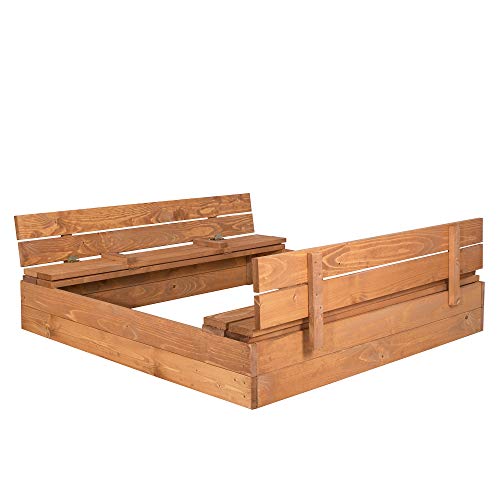 Arenero SPRINGOS con Banco, 120 cm x 120 cm, Tapa, Madera, impregnado, arenero Infantil, Parque Infantil