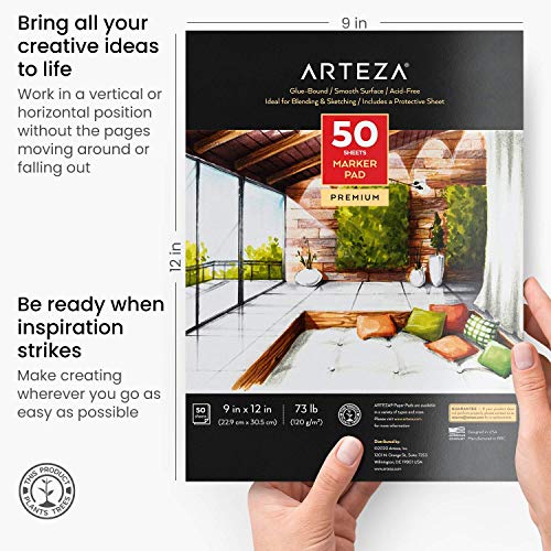 Arteza Blocs Papel de Rotulador, pack de 2, tamaño 9x12" (22,9x30,5 cm), 50 hojas, encuadernación con cola, papel liso para rotuladores de alcohol o pigmentos, para dibujar, bocetar, colorear, rotular