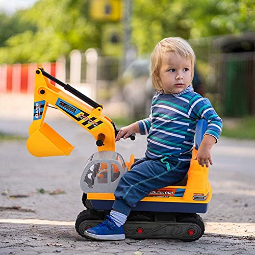 AYNEFY Excavadora de juguete para niños, con asiento y casco, robusta pala, excavadora para orugas, excavadora de arena, vehículo regalo para niños y niñas, amarillo y negro