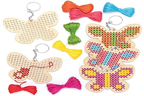 Baker Ross Kits de Llaveros de Madera Punto de Cruz Mariposa AT877 (paquete de 5) para proyectos de arte y manualidades para niños, surtidos