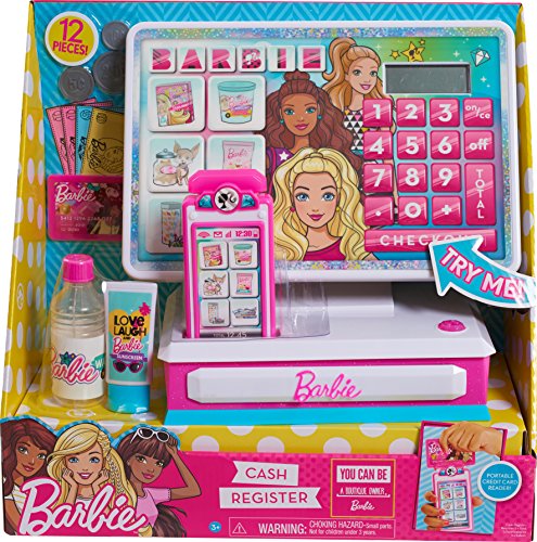 Barbie 62976 Caja registradora grande, juguete interactivo con luces, sonidos realistas y dinero de juego fingido, multicolor