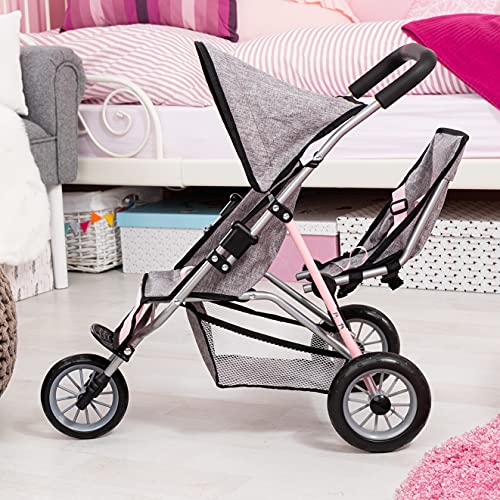 Bayer Design 39133AA Cochecito gemelar para muñecas, Duo, Carrito para muñecos Doble, Plegable, Gris, Rosa