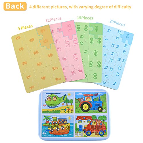 BBLIKE Jigsaw Wooden Puzzles Toy in a Box for Kids, Pack of 4 with Varying Degree of Difficulty Educational Learning Tool Best Birthday Present for Boys Girls (Vehículo)