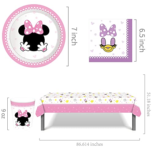 BESTZY 61 Piezas Minnie Party Vajilla,Fiesta de cumpleaños Vajilla Fiesta Minnie Decoración Cumpleaños Conjunto de Suministros, Plato, Servilleta de Papel, Mantel,Taza, Paja (8 Invitados)