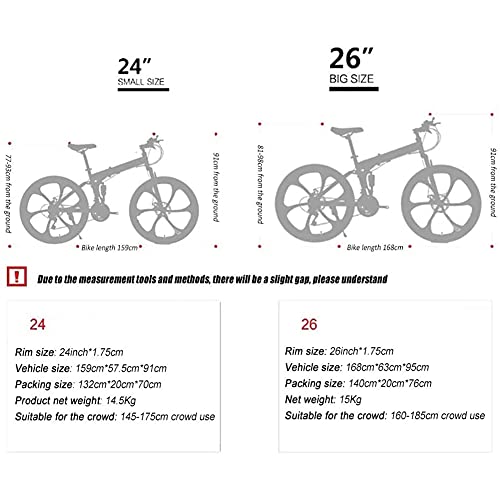 Bicicleta De Montaña Plegable De 24/26 Pulgadas, Bicicleta Con Amortiguador De Impacto De Velocidad Variable Delantera Y Trasera, Freno De Disco Doble, MTB Deportiva De 27 Velocidades,Rojo,24inch