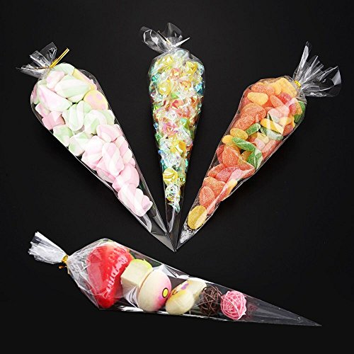 Bolsas para Chuches 100 Piezas Bolsas de Cono 17 x 37 cm con 100 Piezas Cinta Ribbon OPP Transparentes para la Boda Fiesta Galletas Dulces Lollipop Tratar