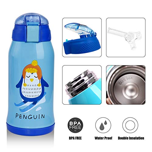 Botella Termo Agua para Niños con Bolsa para Viajar, Aislado al Vacío Botellas Agua Acero Inoxidable sin bpa con Paja, Termica a Prueba de Fugas para la Escuela y Deportes 550ml/ 15oz Rosado